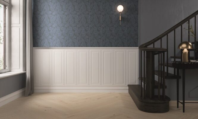A staircase in a room Description automatically generated