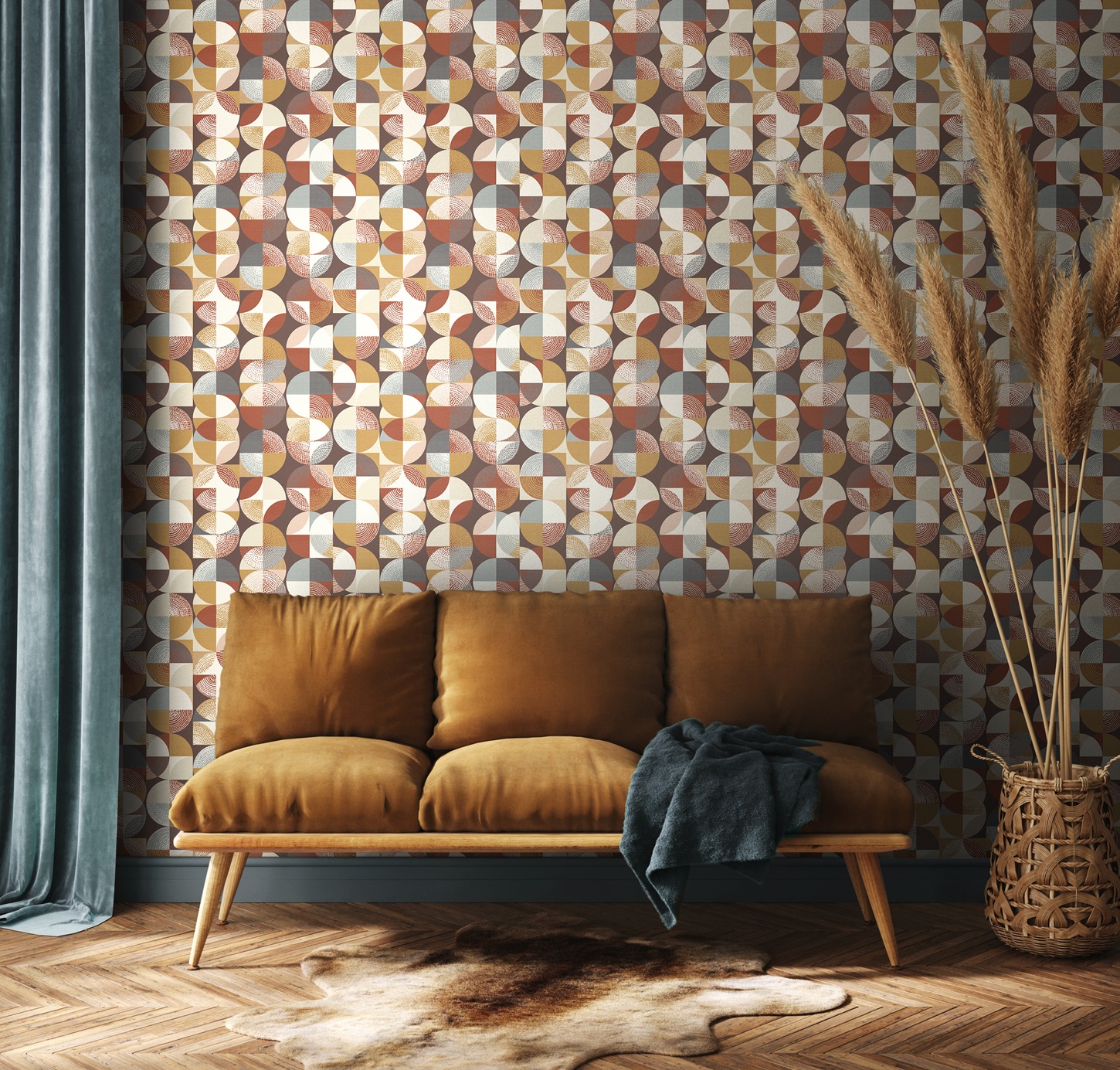 Modern dark green home interior with Ohpopsi wallpaper brown couch and pampas in wicker basket