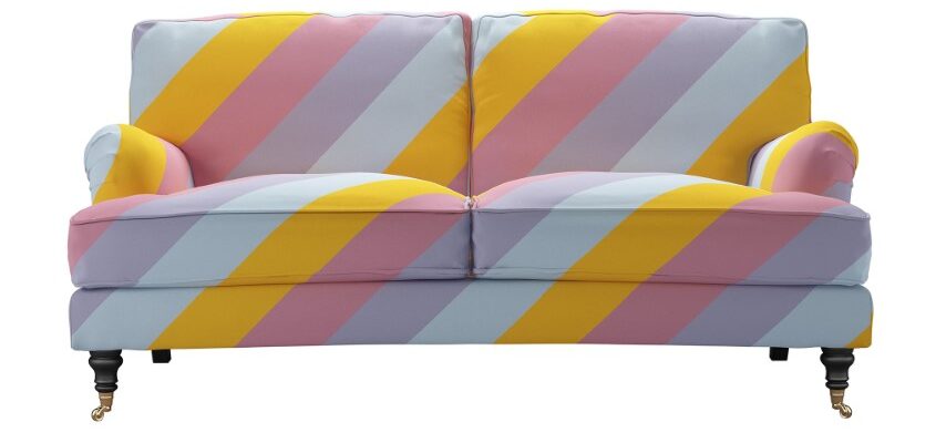 two-seater, Rainbow coloured sofa in Prism Stripe fabric from Olivia Rubin