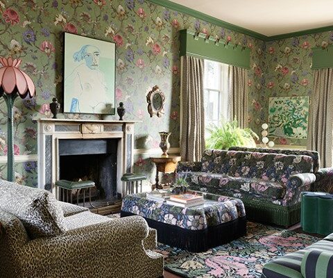 maximalist vibrant botanical rug in a living room
