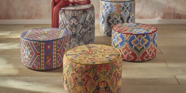 footstools upholstered in The Design Archive new Samakand fabrics