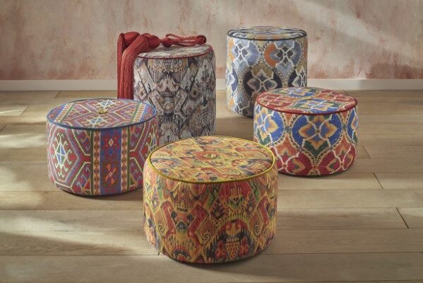 footstools upholstered in The Design Archive new Samakand fabrics