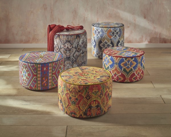 footstools upholstered in The Design Archive new Samakand fabrics