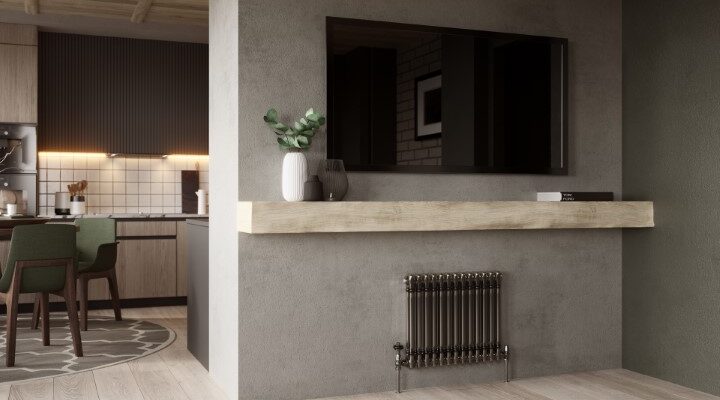 A modern kitchen with a metallic radiator showing how raw materials can work in a modern home