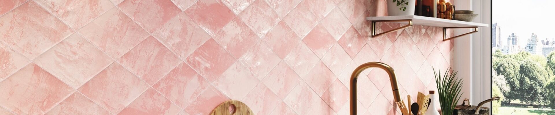 pink tiles in a kitsch style kitchen