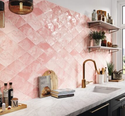 pink tiles in a kitsch style kitchen
