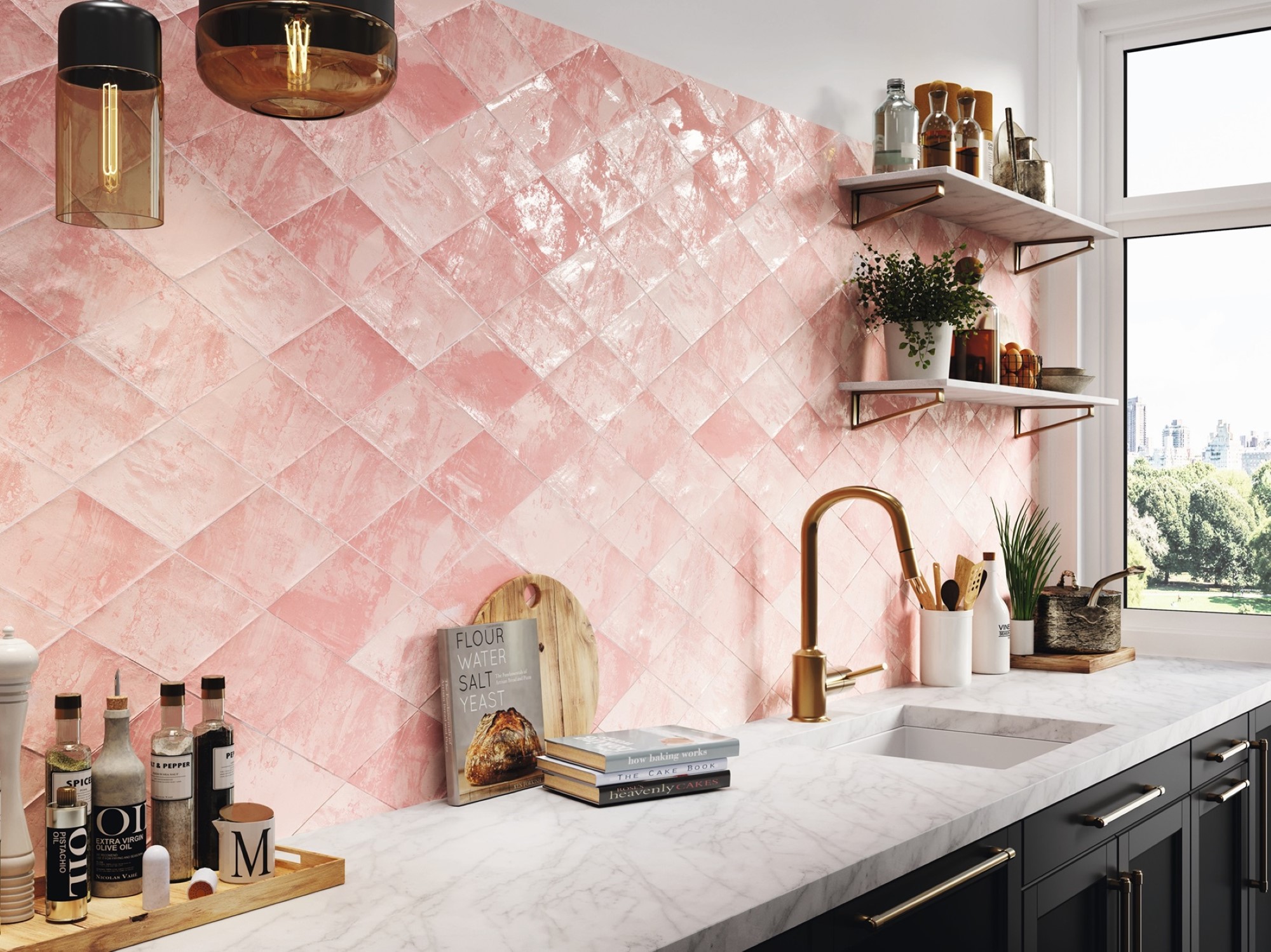 pink tiles in a kitsch style kitchen