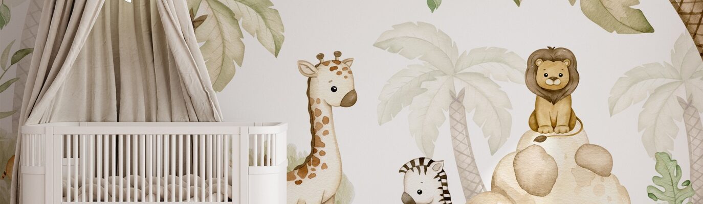 A baby's room with a cute jungle-themed wall mural, featuring cartoon animals