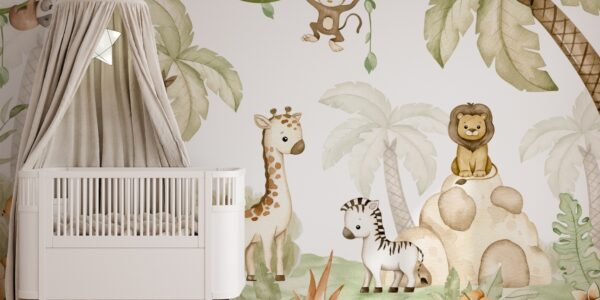 A baby's room with a cute jungle-themed wall mural, featuring cartoon animals