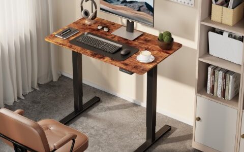 A home office with a standing desk