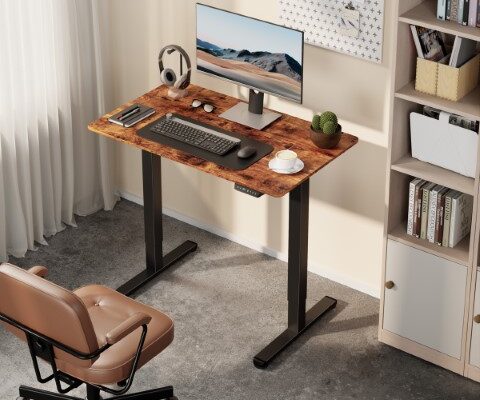 A home office with a standing desk