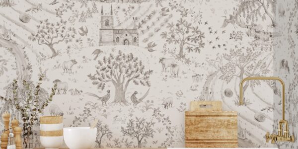The image features a pastoral wallpaper design that seems to evoke the charm of a countryside daily walk. The sepia-toned illustrations include a variety of elements from rural life such as trees, farm animals like sheep, wild birds, and structures that could be farm fences or parts of a small rural church. The calm and detailed scenery suggests a tranquil harmony with nature. This wallpaper is used as a backdrop for what appears to be a kitchen setting, with wooden utensils and ceramic containers in the foreground, complemented by a brass faucet, enhancing the rustic aesthetic of the space. The overall effect is both nostalgic and inviting, creating a warm atmosphere.