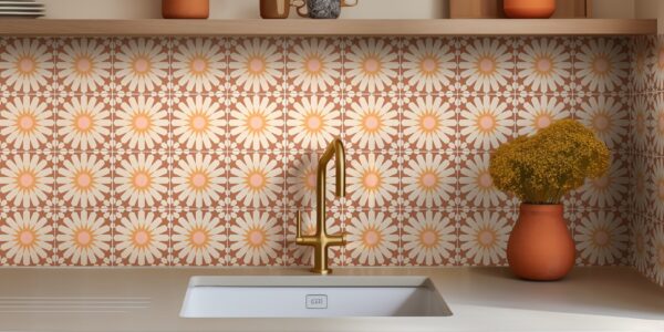 A kitchen sink with a faucet and a vase of flowers on the counter.