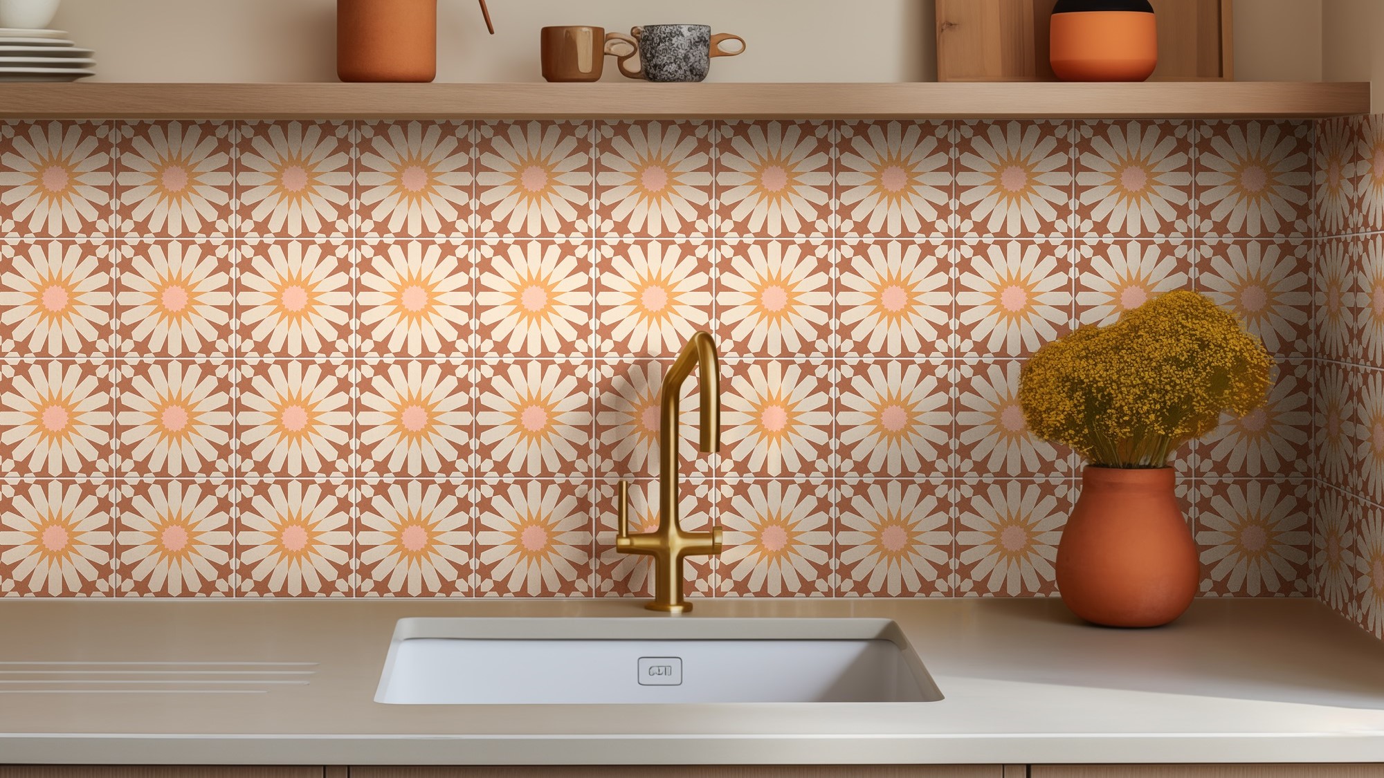A kitchen sink with a faucet and a vase of flowers on the counter.