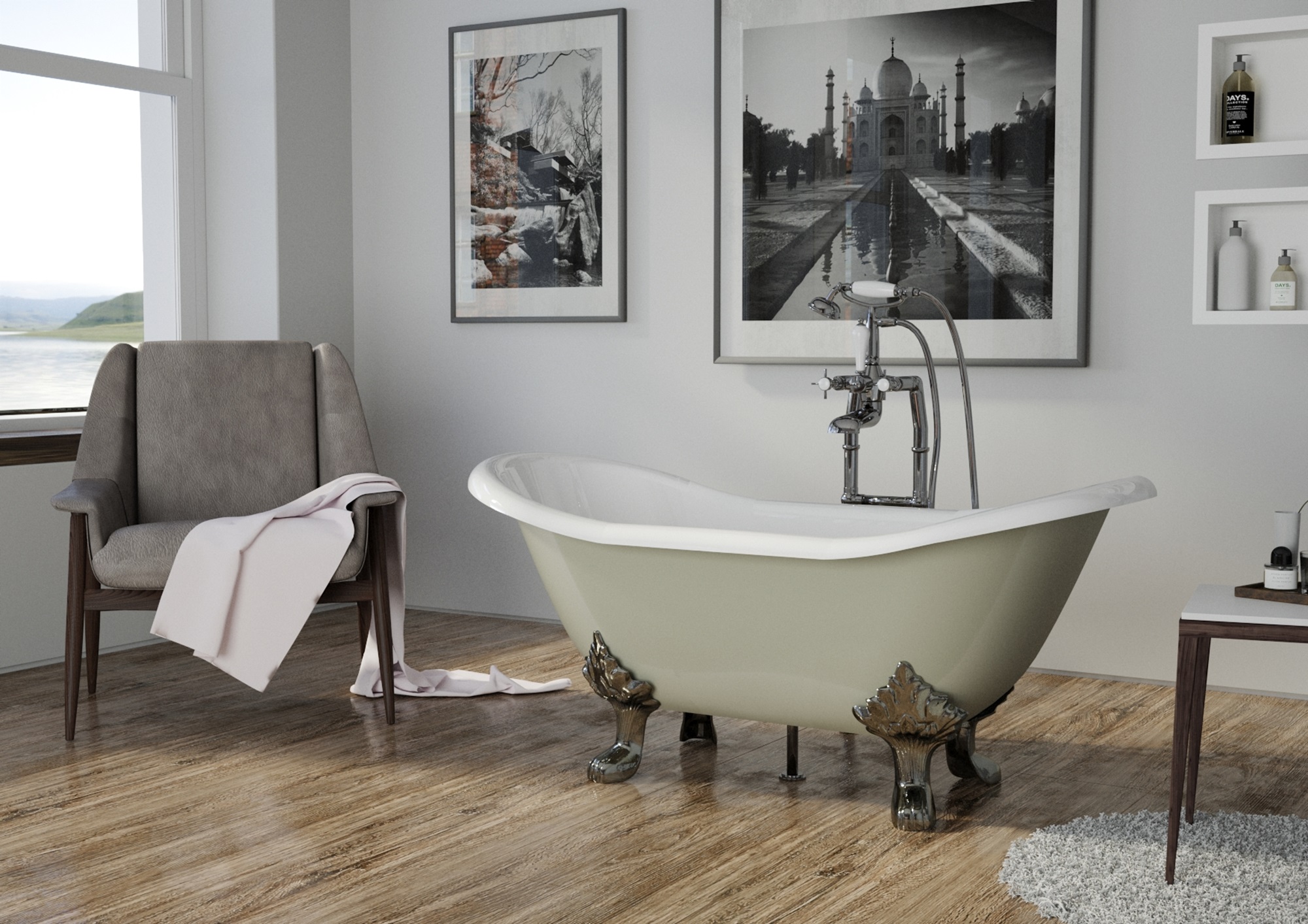 A white clawfoot bathtub with rolled edges sits in a bathroom with patterned tile floors. A wooden chair with a towel draped over it sits beside the bathtub.