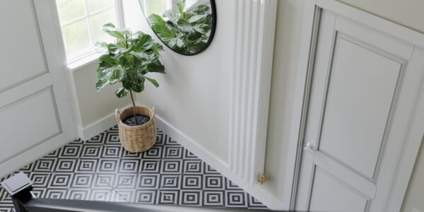 A stylish, narrow, modern radiator on the wall. A potted fiddle-leaf fig plant sitting on a console table beneath a rectangular mirror in a brightly lit hallway.