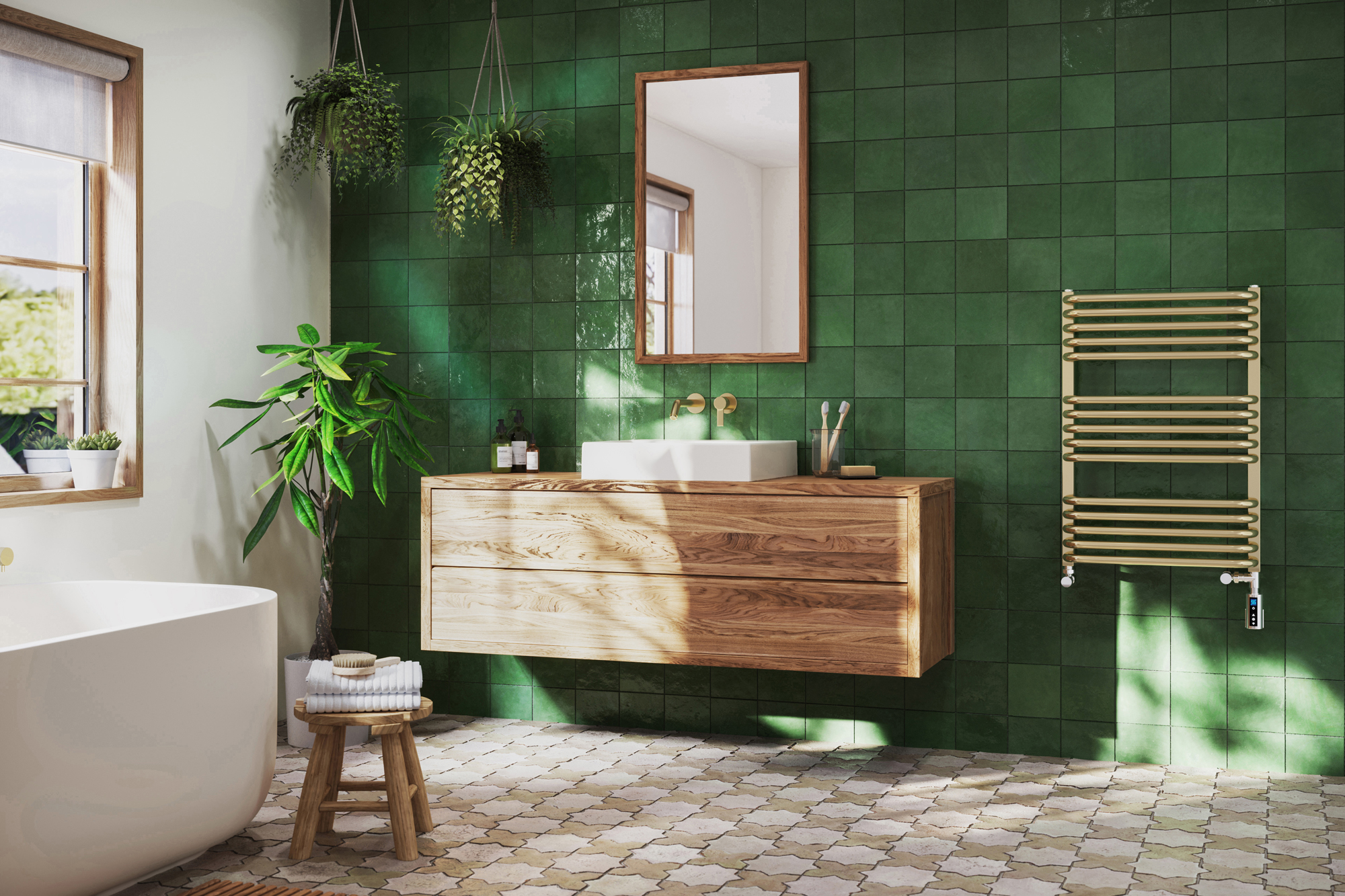 Bathroom with green tiles and wooden vanity