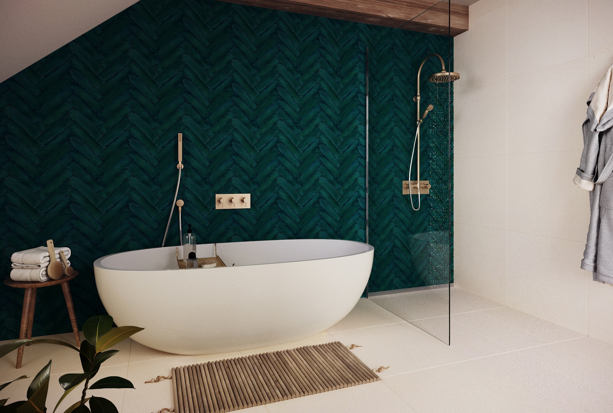 A white bathtub with a chrome taps and showerhead mounted on the wall next to it. The bathtub sits on the floor of a bathroom with bold walls and tile flooring