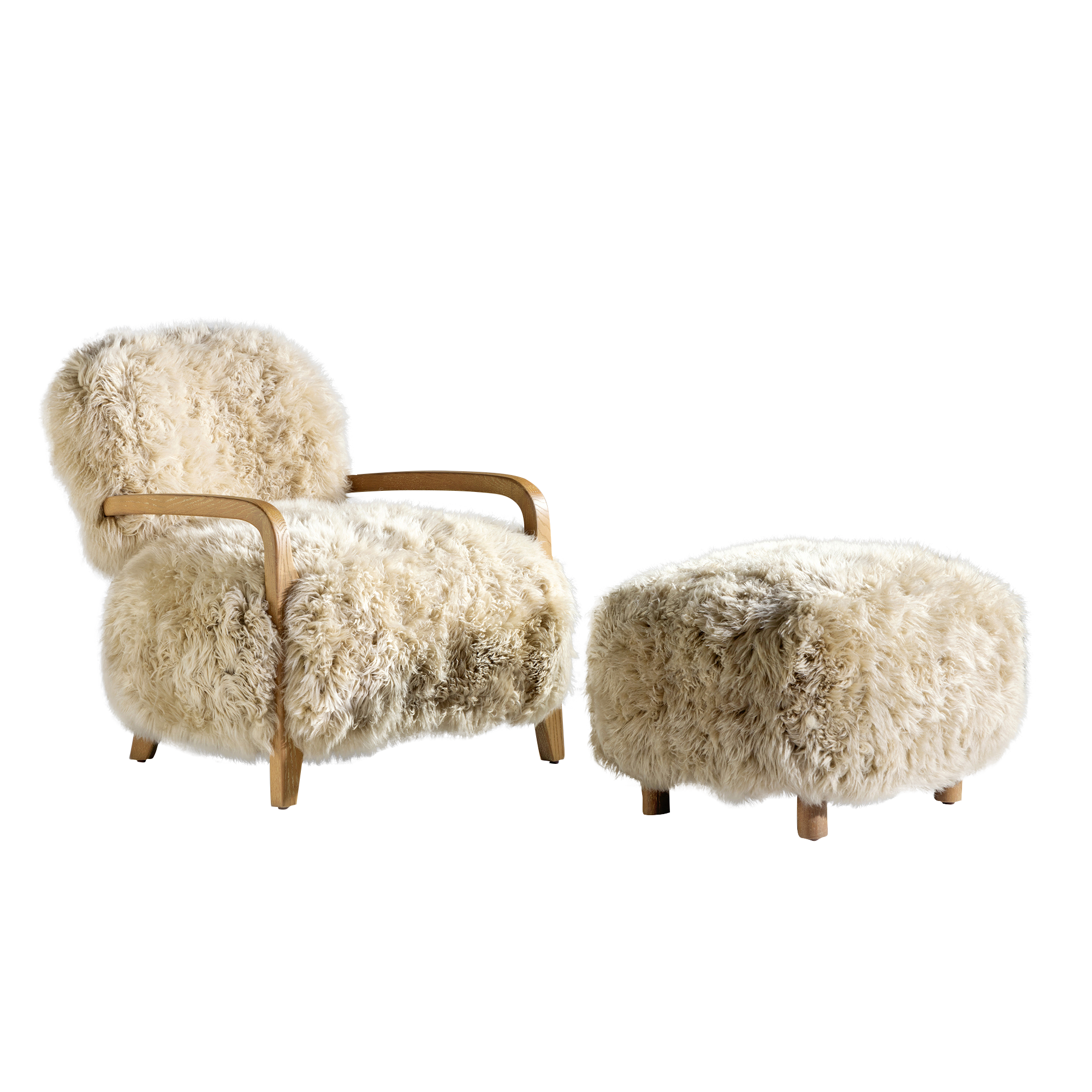 A luxurious white fur chair and footrest set against a crisp white backdrop.