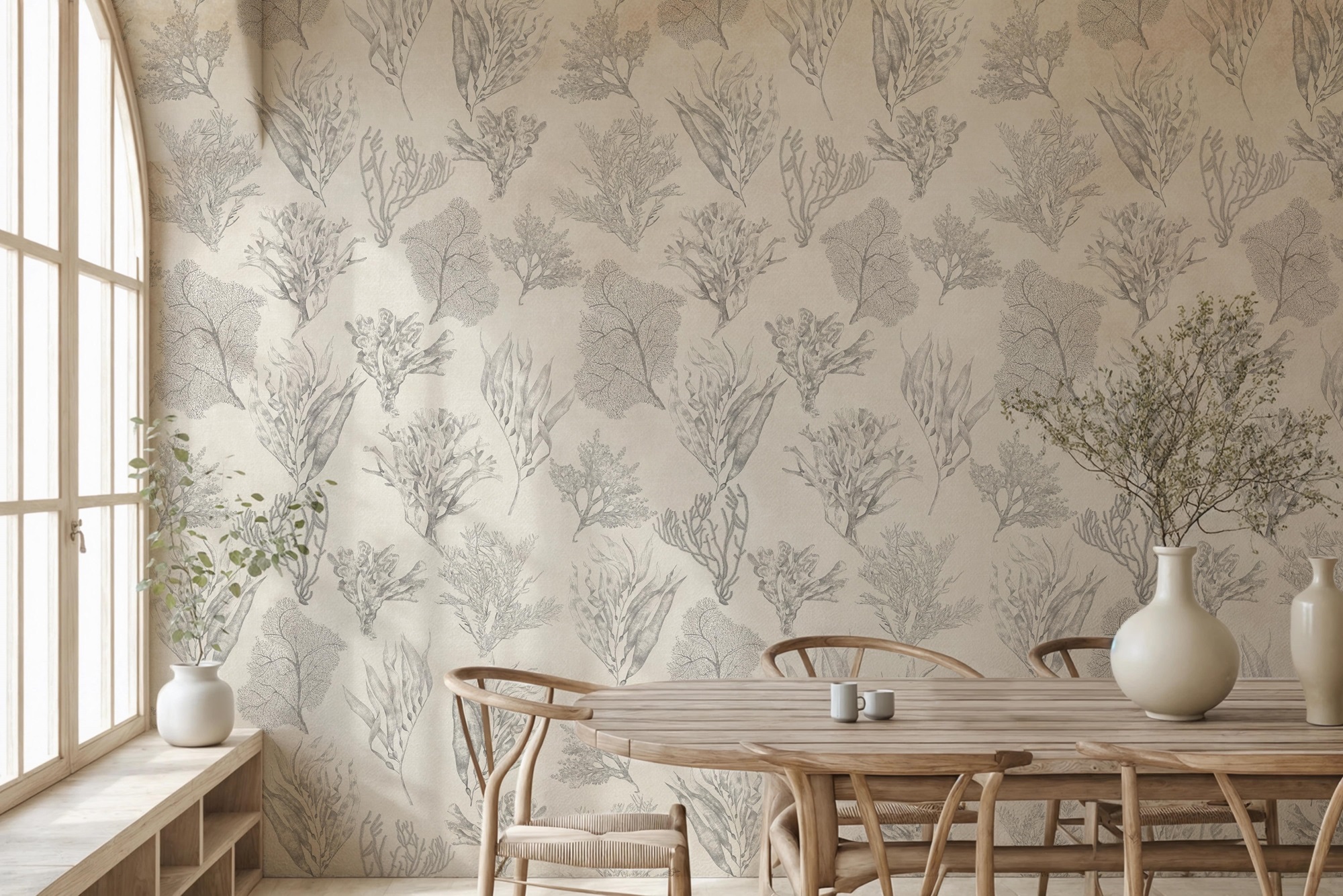 A brightly lit dining room with a table and chairs positioned under a window. The chairs have high backs and the table is made of wood.