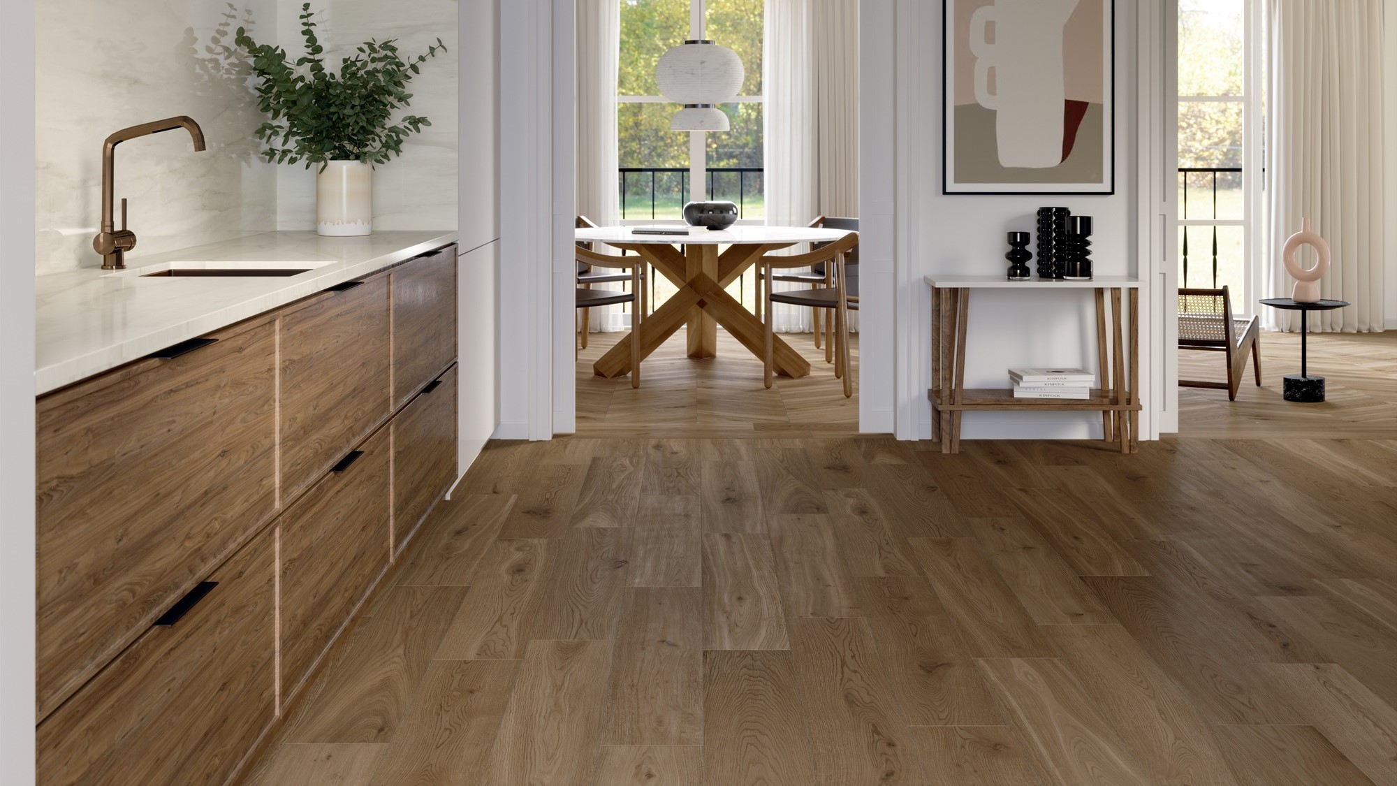 A close-up photo of light brown wooden floor tiles that look like real wood.