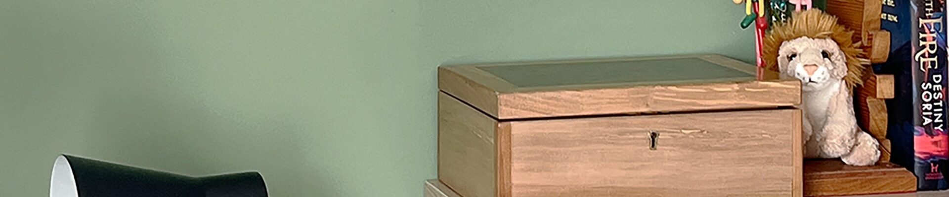 A wooden shelf mounted on a green wall with a decorative box, book and a lamp. The box has the words “Fire With Fire” and “Destiny Soria” written on it. The lamp is a black, metal lamp.