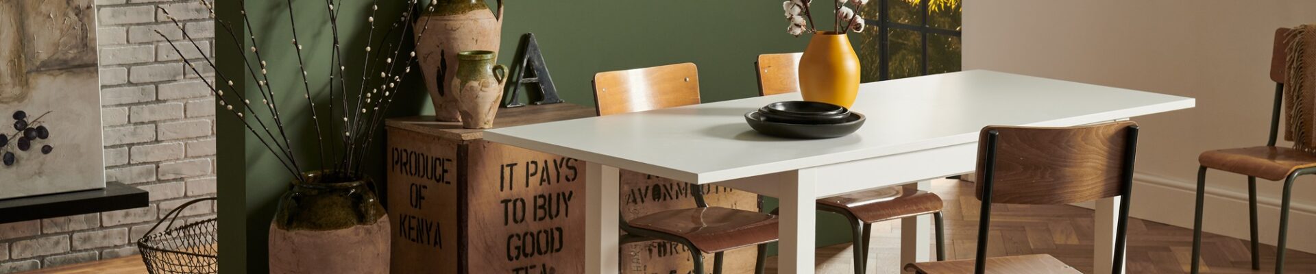 A photorealistic image of a dining room interior with a wooden table and four chairs.
