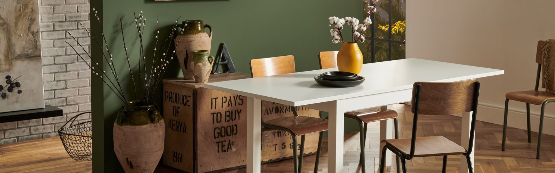 A photorealistic image of a dining room interior with a wooden table and four chairs.