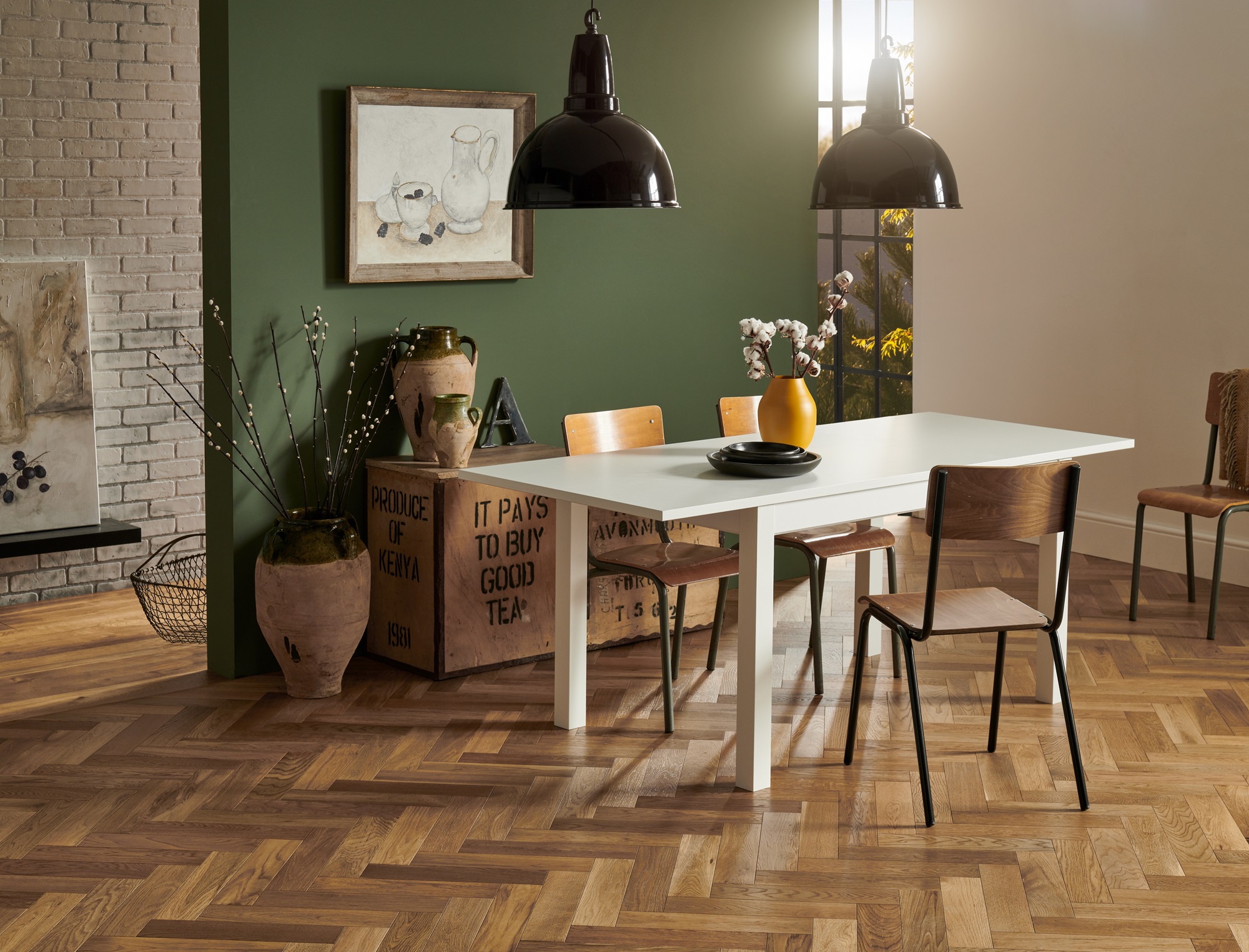 A photorealistic image of a dining room interior with a wooden table and four chairs.