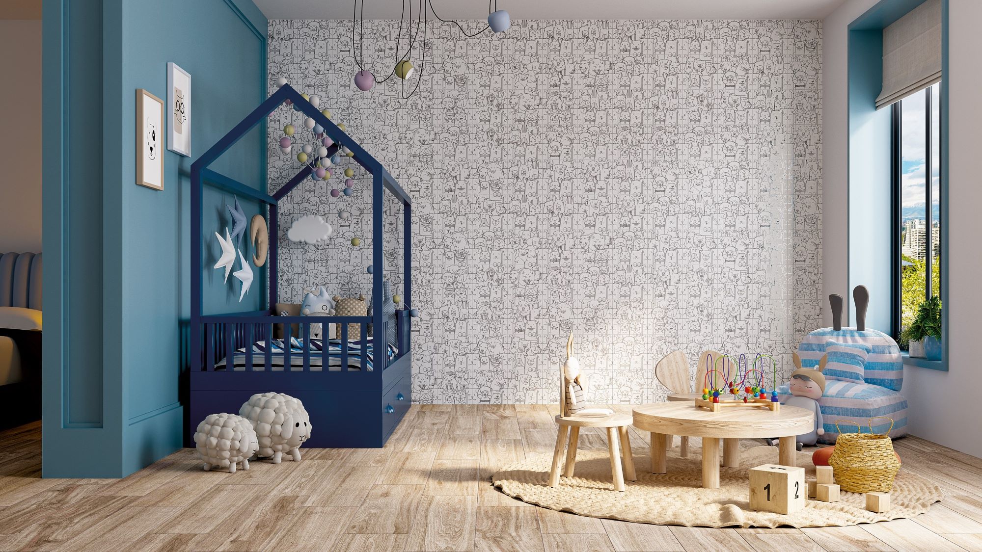 A child's bedroom with a blue canopy bed, a nightstand with a lamp, and a table with two chairs. The wall is tiled with a black and white dog-inspired tile.