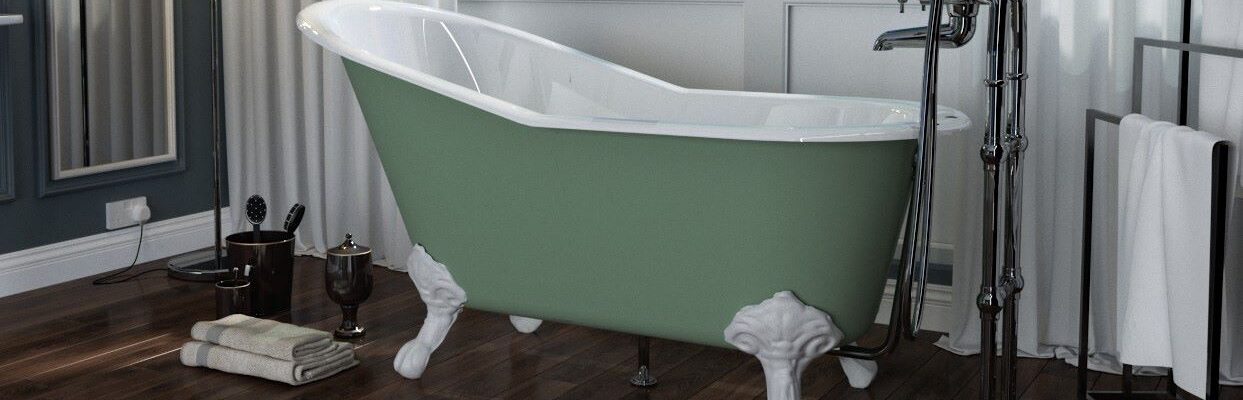 A green and white claw-foot bathtub with rolled ends sits on a light-coloured wooden floor in a bathroom. The bathtub has nickel-plated claw feet and a drainpipe. There is a white towel rack with two white towels on the wall behind the bathtub. In the corner of the image, there is a small wicker basket filled with rolled-up white towels.