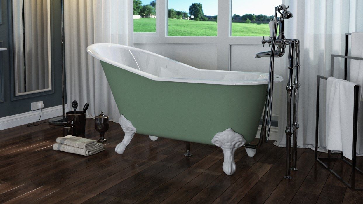 A green and white claw-foot bathtub with rolled ends sits on a light-coloured wooden floor in a bathroom. The bathtub has nickel-plated claw feet and a drainpipe. There is a white towel rack with two white towels on the wall behind the bathtub. In the corner of the image, there is a small wicker basket filled with rolled-up white towels.