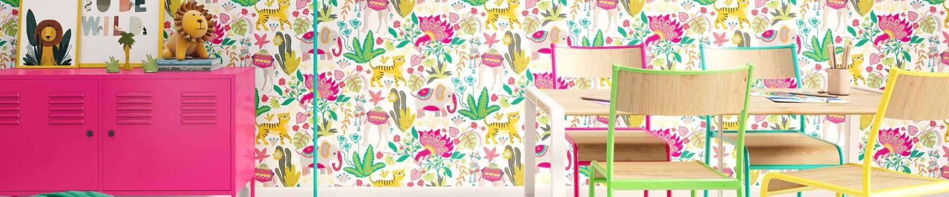 A room with a white wild animal wallpaper. The wallpaper features a variety of animals, including lions, tigers, elephants, monkeys, and birds. The animals are all different colours and sizes, and they are arranged in a playful and whimsical pattern.