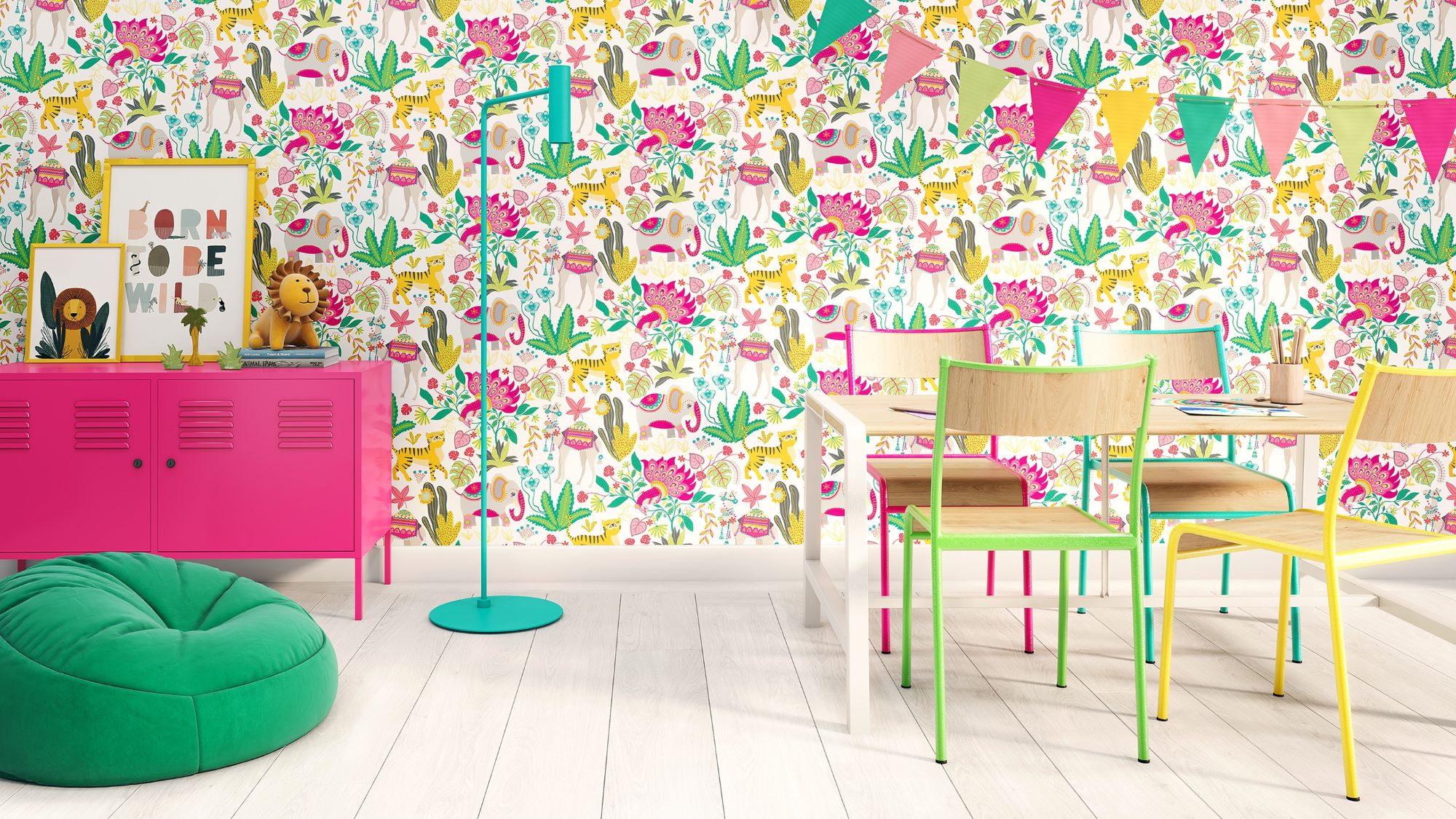 A room with a white wild animal wallpaper. The wallpaper features a variety of animals, including lions, tigers, elephants, monkeys, and birds. The animals are all different colours and sizes, and they are arranged in a playful and whimsical pattern.