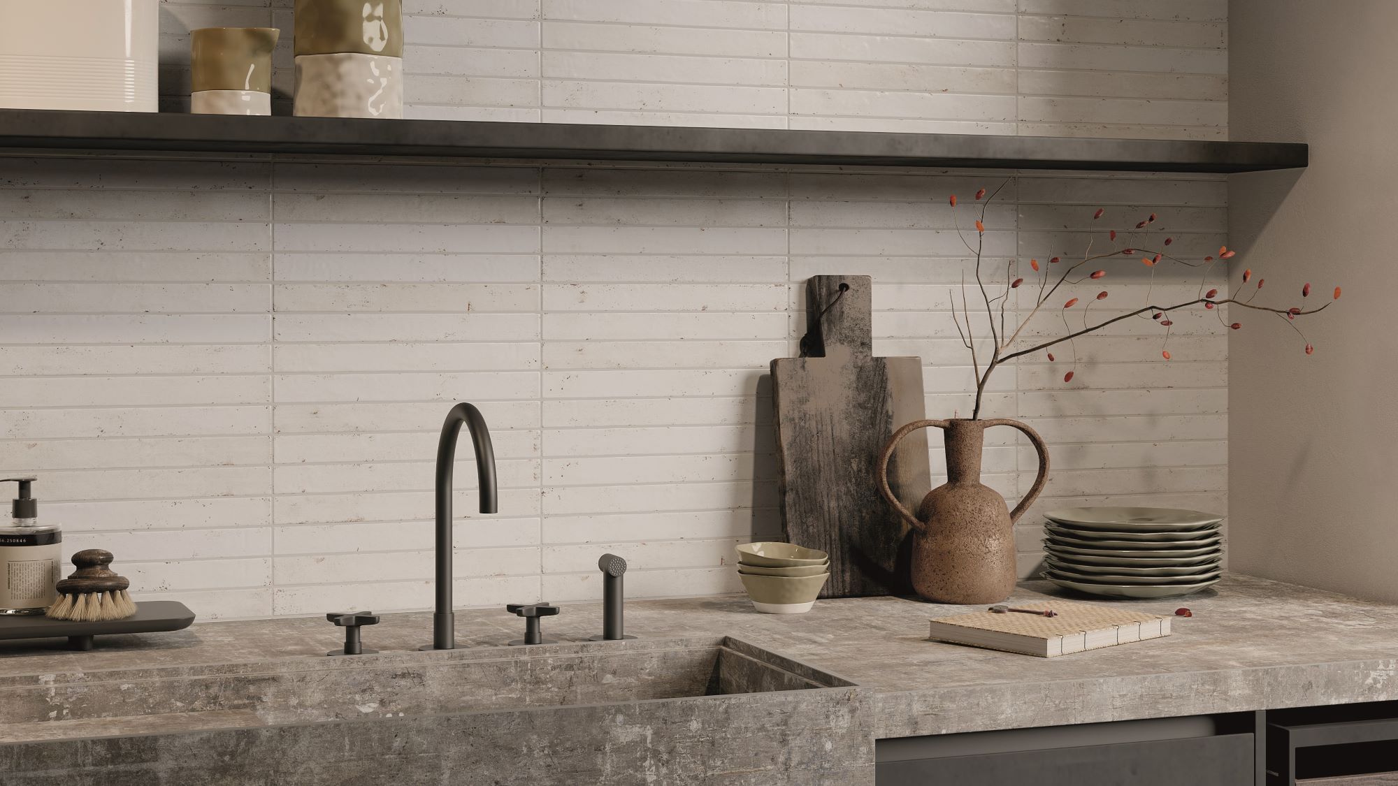 The image shows a kitchen countertop made of porcelain tile. The tile white. The worktop is installed in a subway tile pattern, with the tiles running horizontally.