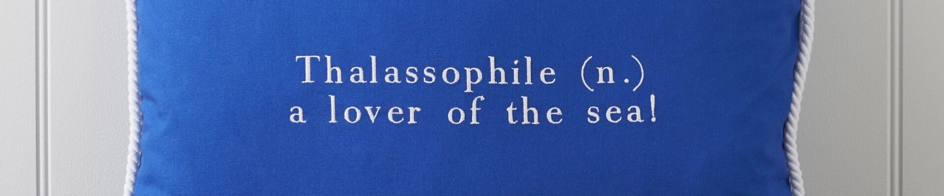 Cushion featuring the word "Thalassophile" embroidered on it in white. The word "Thalassophile" means "a lover of the sea". The cushion also has a white rope trim around the edges.