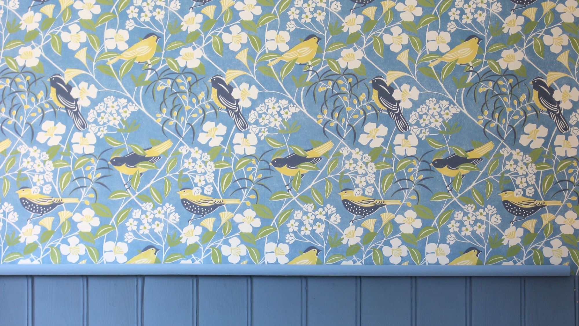 A blue wallpaper with a subtle, organic pattern reminiscent of birdsong waves.