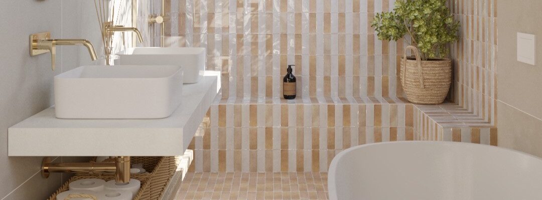 A modern bathroom with white brick-effect tiles on the walls and floor. The bathroom features a freestanding bathtub, double sinks, and a decorative plant.