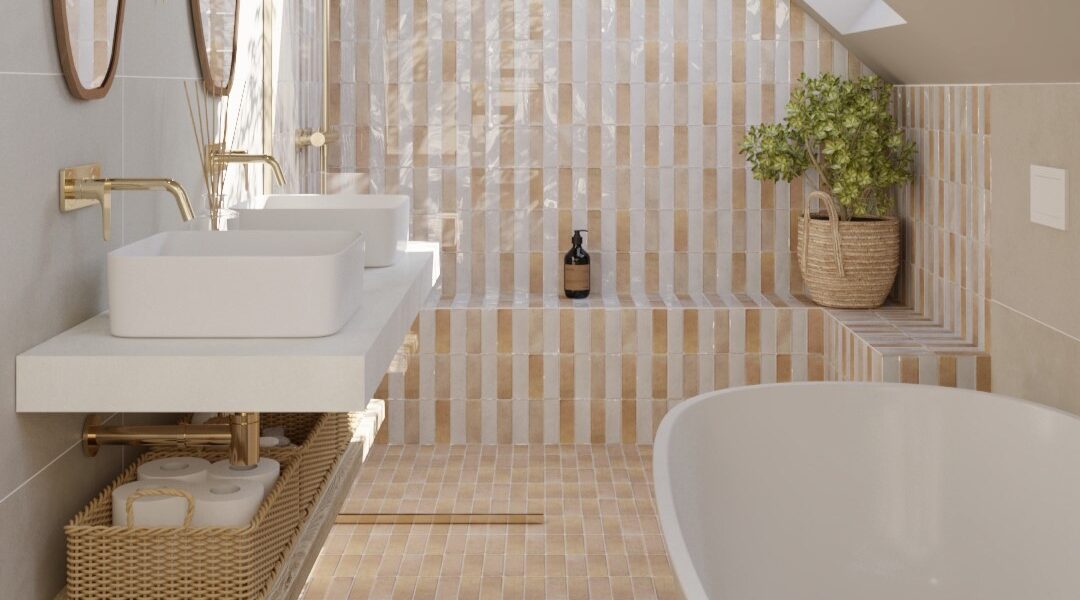 A modern bathroom with white brick-effect tiles on the walls and floor. The bathroom features a freestanding bathtub, double sinks, and a decorative plant.