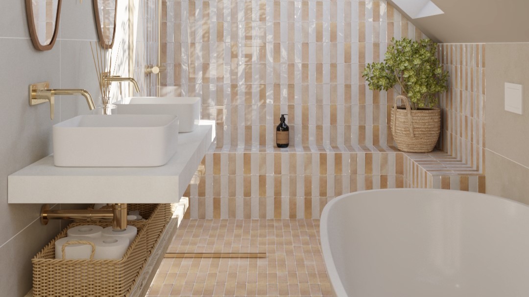 A modern bathroom with white brick-effect tiles on the walls and floor. The bathroom features a freestanding bathtub, double sinks, and a decorative plant.