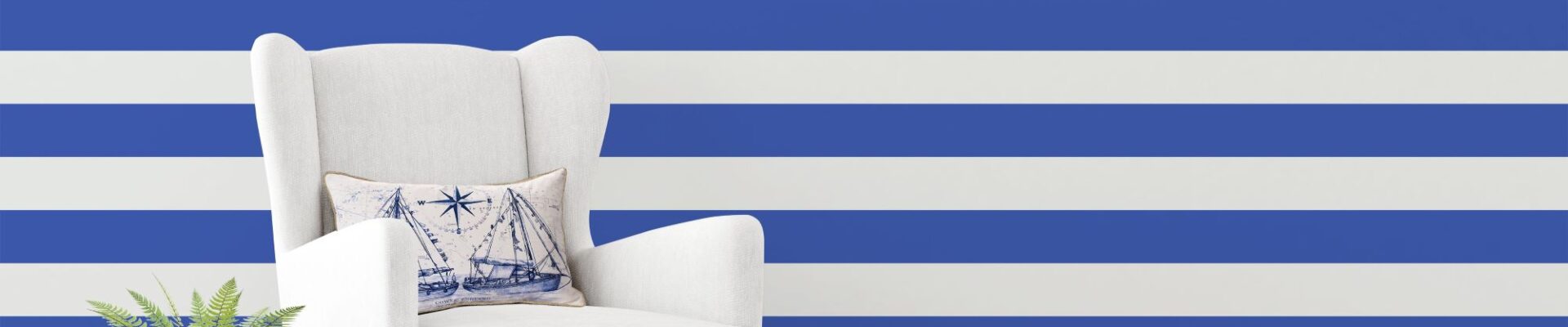 A living room wall with bold blue and white striped wallpaper