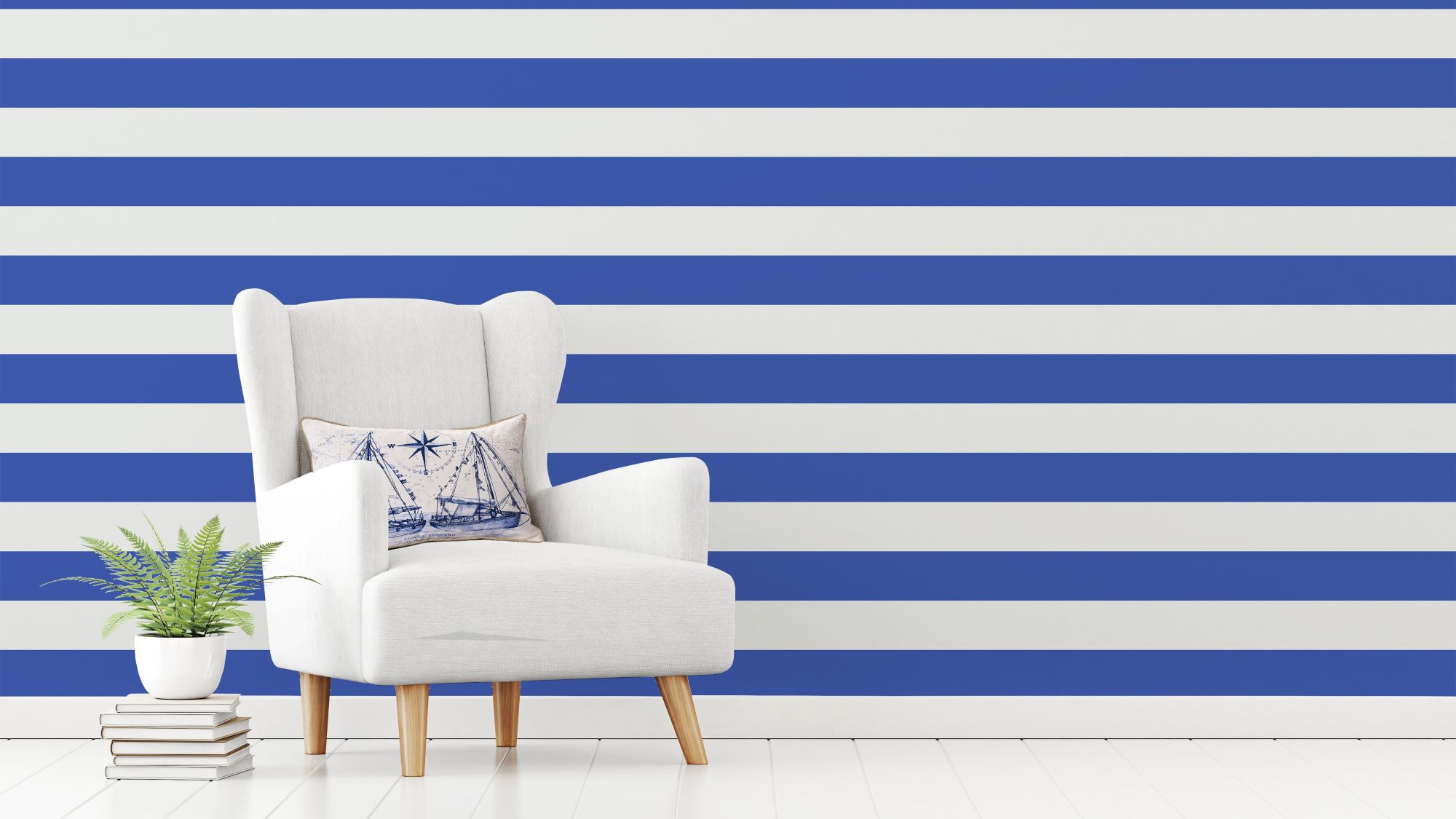 A living room wall with bold blue and white striped wallpaper