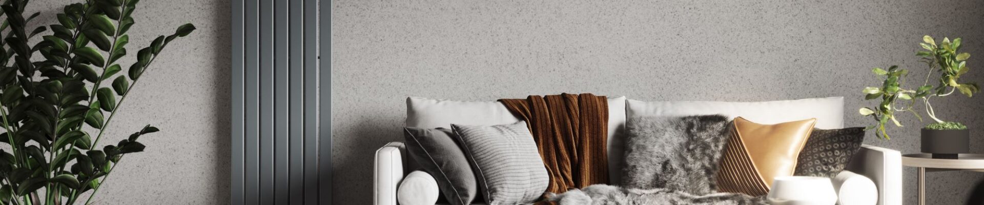 This image shows a serene sanctuary with the perfect blend of colours and texture and a large, vertical radiator
