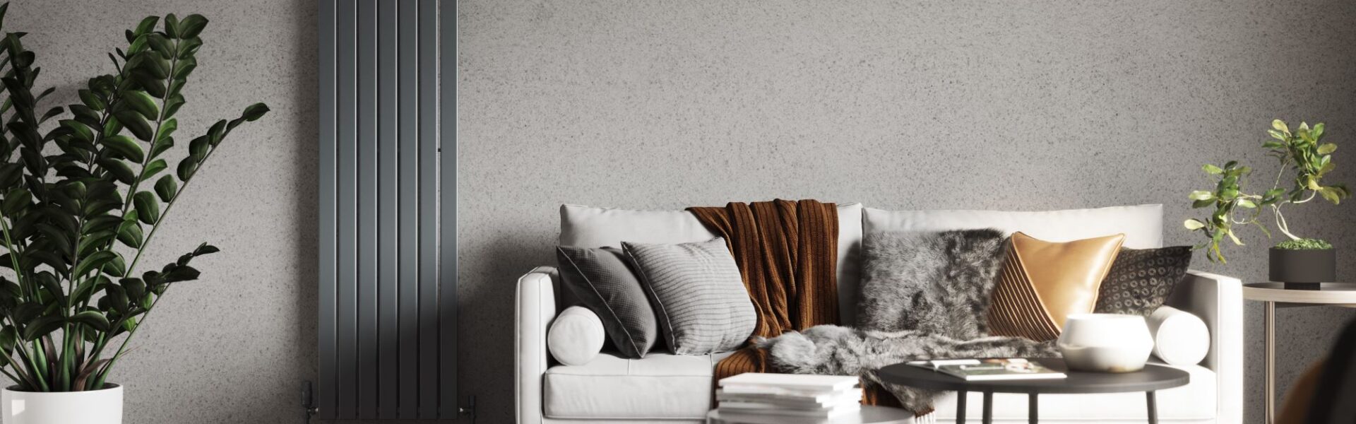 This image shows a serene sanctuary with the perfect blend of colours and texture and a large, vertical radiator