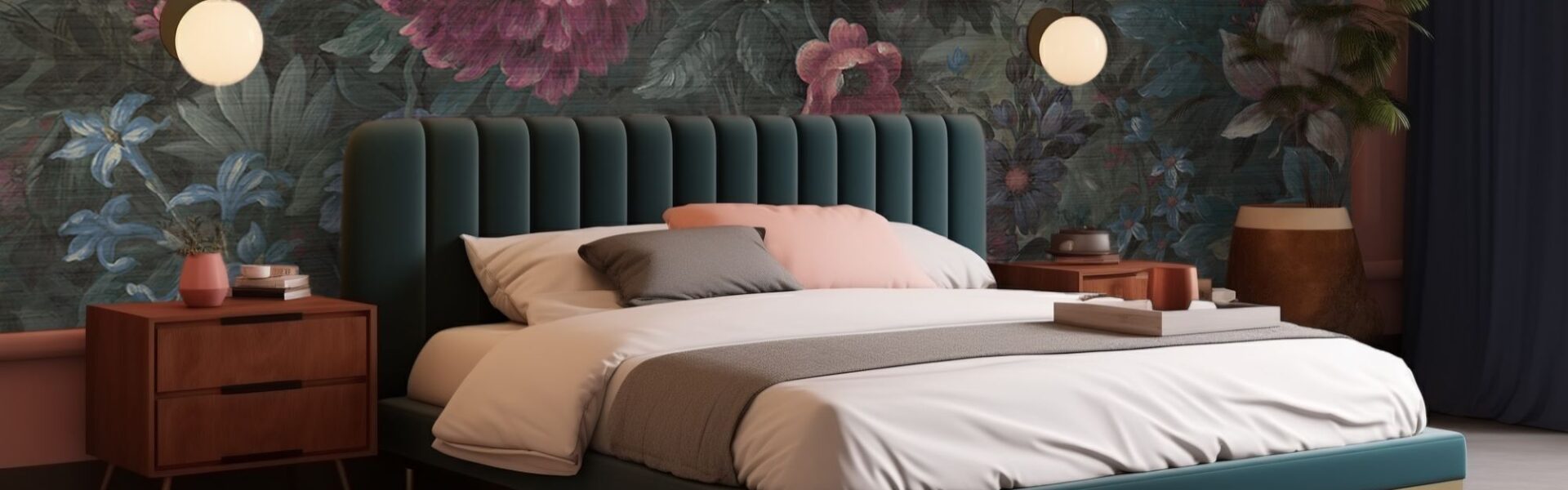 A bedroom with a large floral wallpaper featuring peonies and other flowers, a green velvet bed with gold accents, and a pink bedside table.