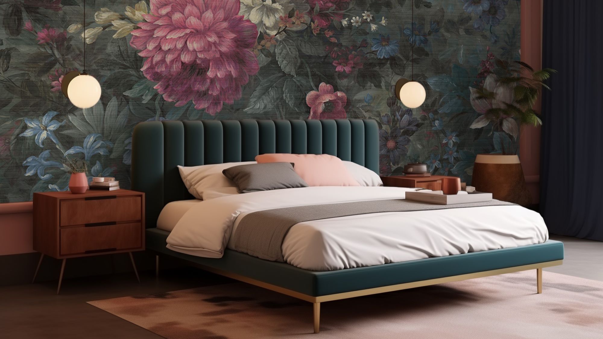 A bedroom with a large floral wallpaper featuring peonies and other flowers, a green velvet bed with gold accents, and a pink bedside table.