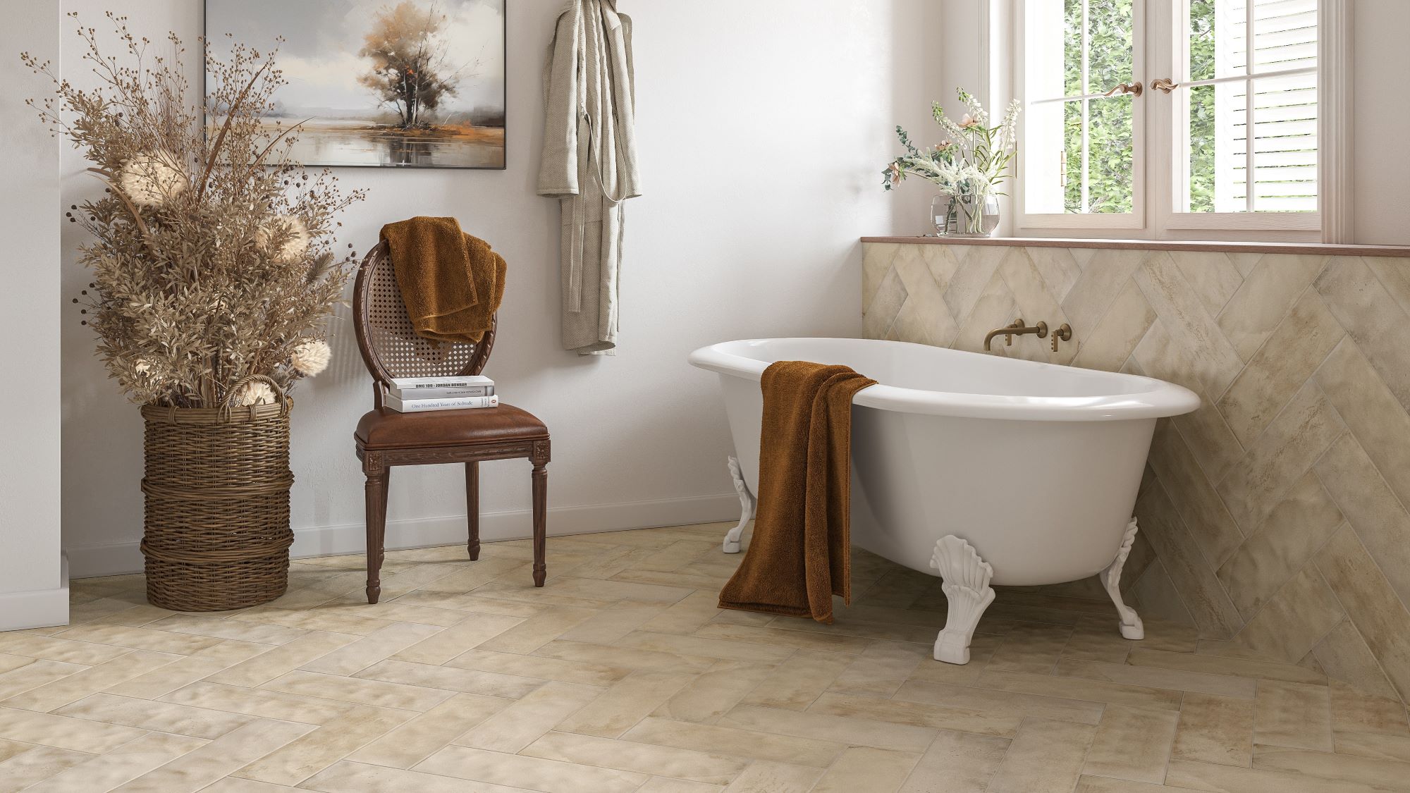 Create a serene oasis with our freestanding bathtub, complete with a vintage-inspired chair, plush towels, and a decorative arrangement. The herringbone tile backsplash adds a touch of elegance, while the neutral colour palette creates a calming atmosphere