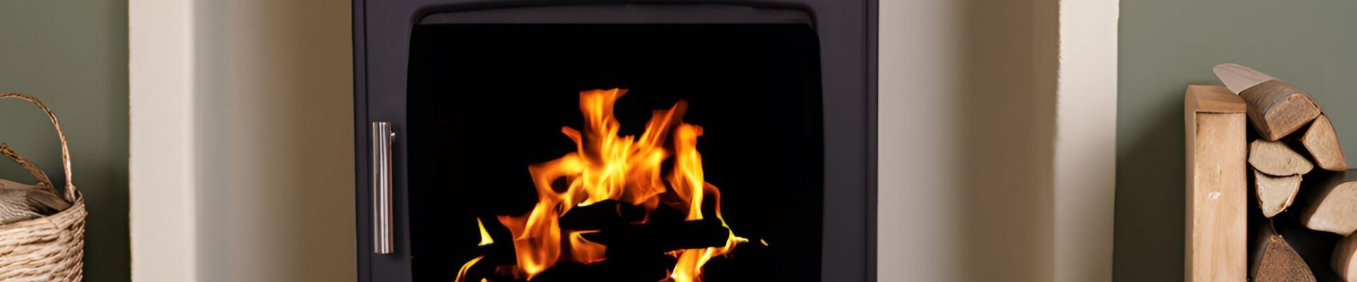 : A wood-burning stove with a roaring fire inside. The stove is black and has a sleek, modern design. It is set against a light-coloured wall and there is a stack of firewood next to it.