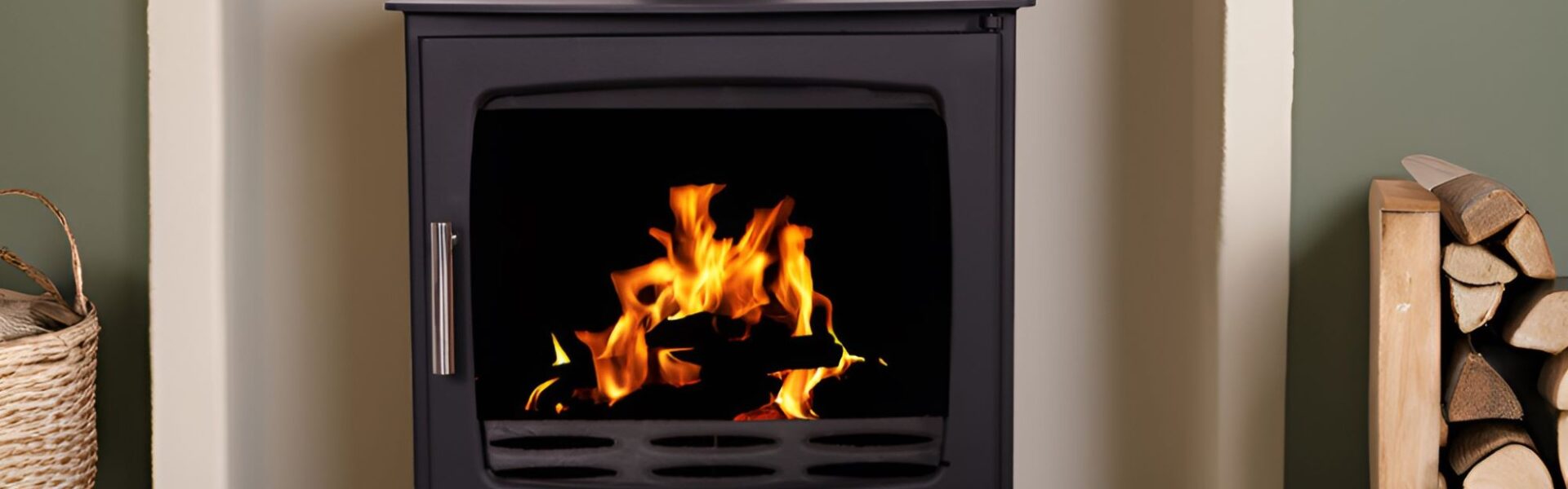 : A wood-burning stove with a roaring fire inside. The stove is black and has a sleek, modern design. It is set against a light-coloured wall and there is a stack of firewood next to it.