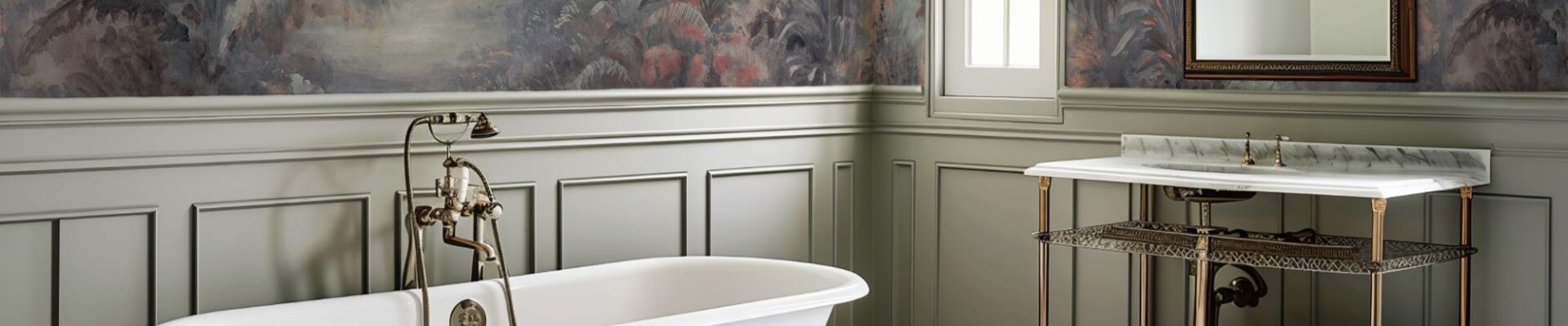 A spacious bathroom with a freestanding white clawfoot bathtub, a patterned geometric tile floor, and a wallpapered wall featuring a lush landscape scene. A vanity with a marble sink and a mirror complete the room.
